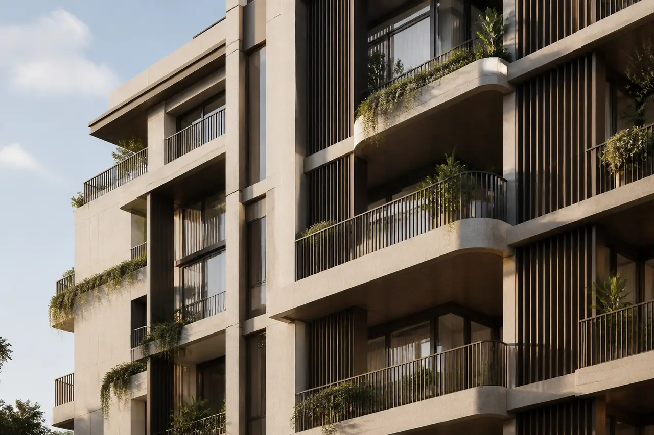 Conceptual ivory apartment elevation with shaded balconies and fins