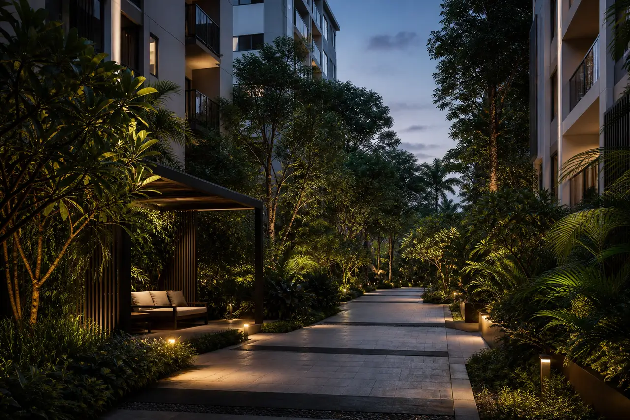 Conceptual landscaped apartment promenade at blue hour