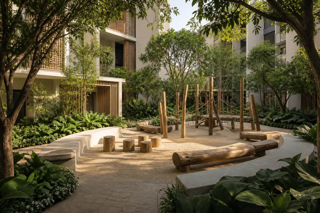 Conceptual shaded family garden with natural timber play forms