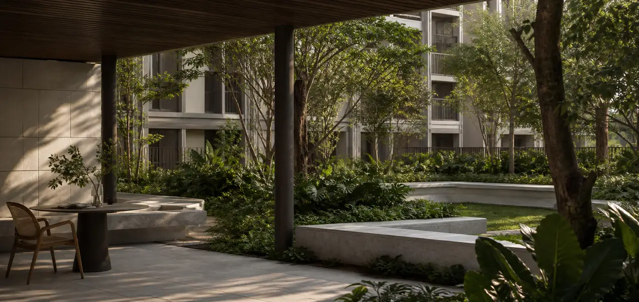 Conceptual shaded garden terrace beside apartment landscaping