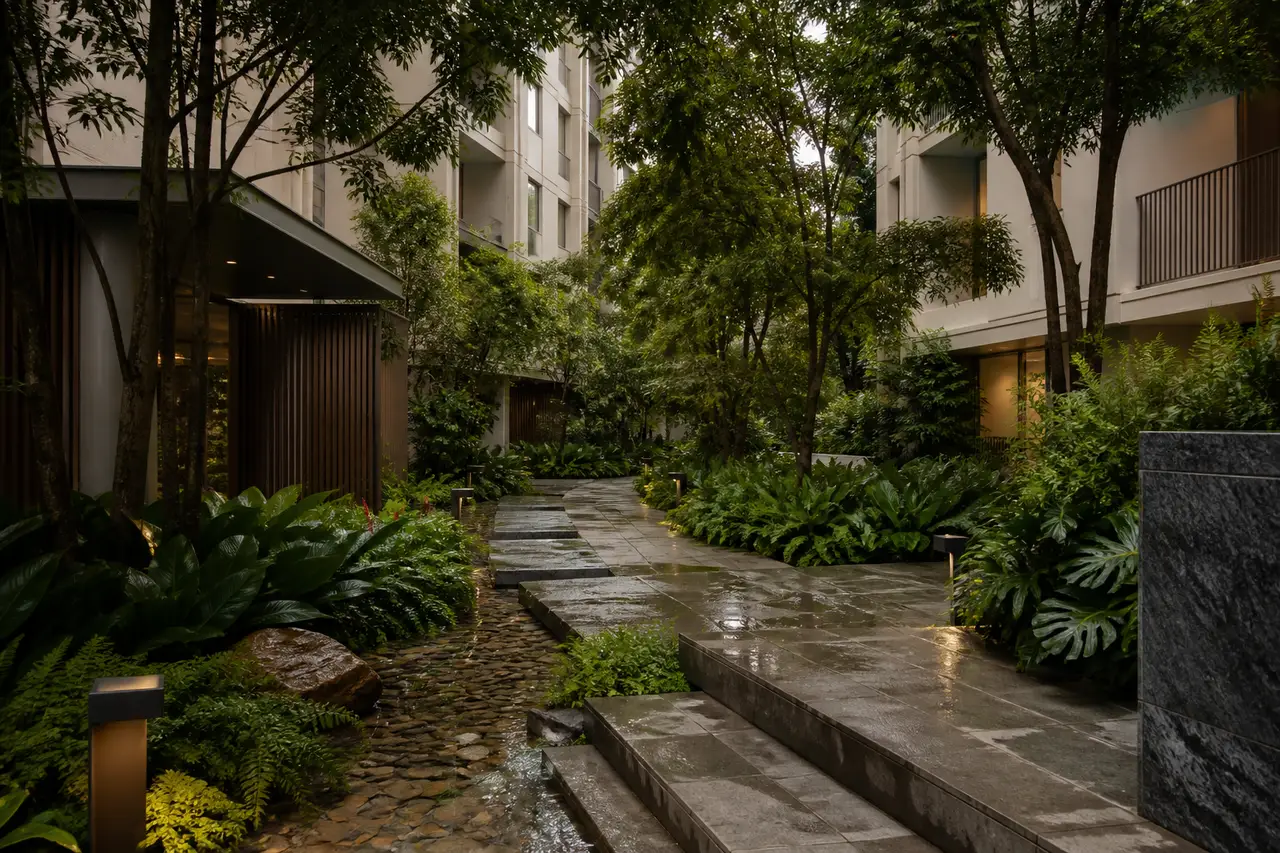 Conceptual shaded landscape court between apartment buildings after rain