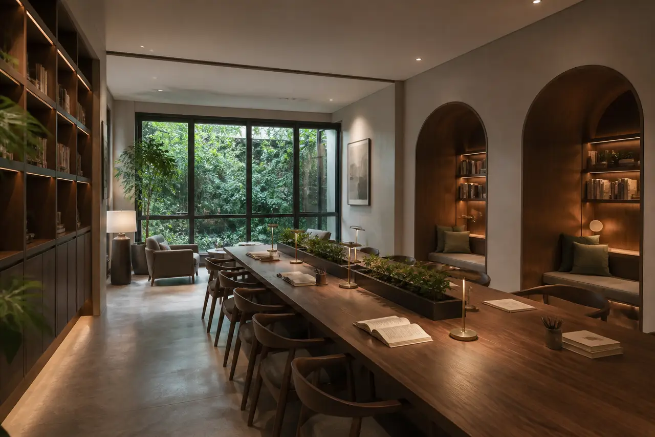 Conceptual residential reading and shared-work room facing greenery