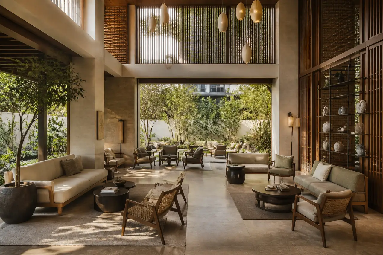 Conceptual residents lounge opening to a shaded garden